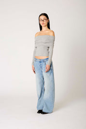 Heather Grey Ribbed Knit Off the Shoulder Top