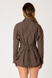 Brown Plaid Lace Back Button Down
