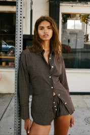 Brown Plaid Lace Back Button Down