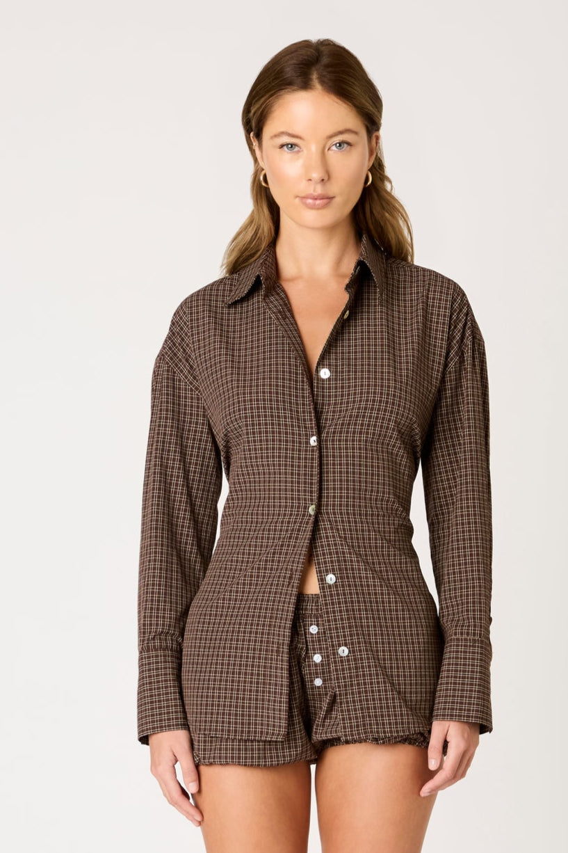 Brown Plaid Lace Back Button Down