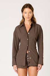 Brown Plaid Lace Back Button Down