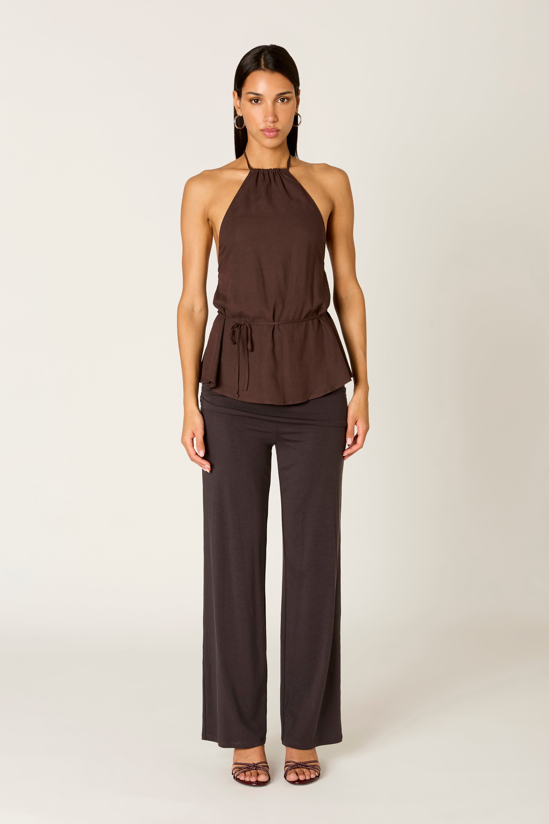 Brown Linen Blend Gathered Halter Top