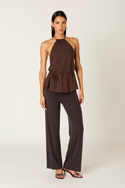 Brown Linen Blend Gathered Halter Top