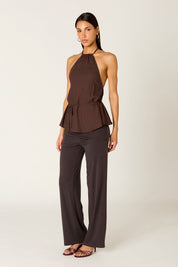 Brown Linen Blend Gathered Halter Top