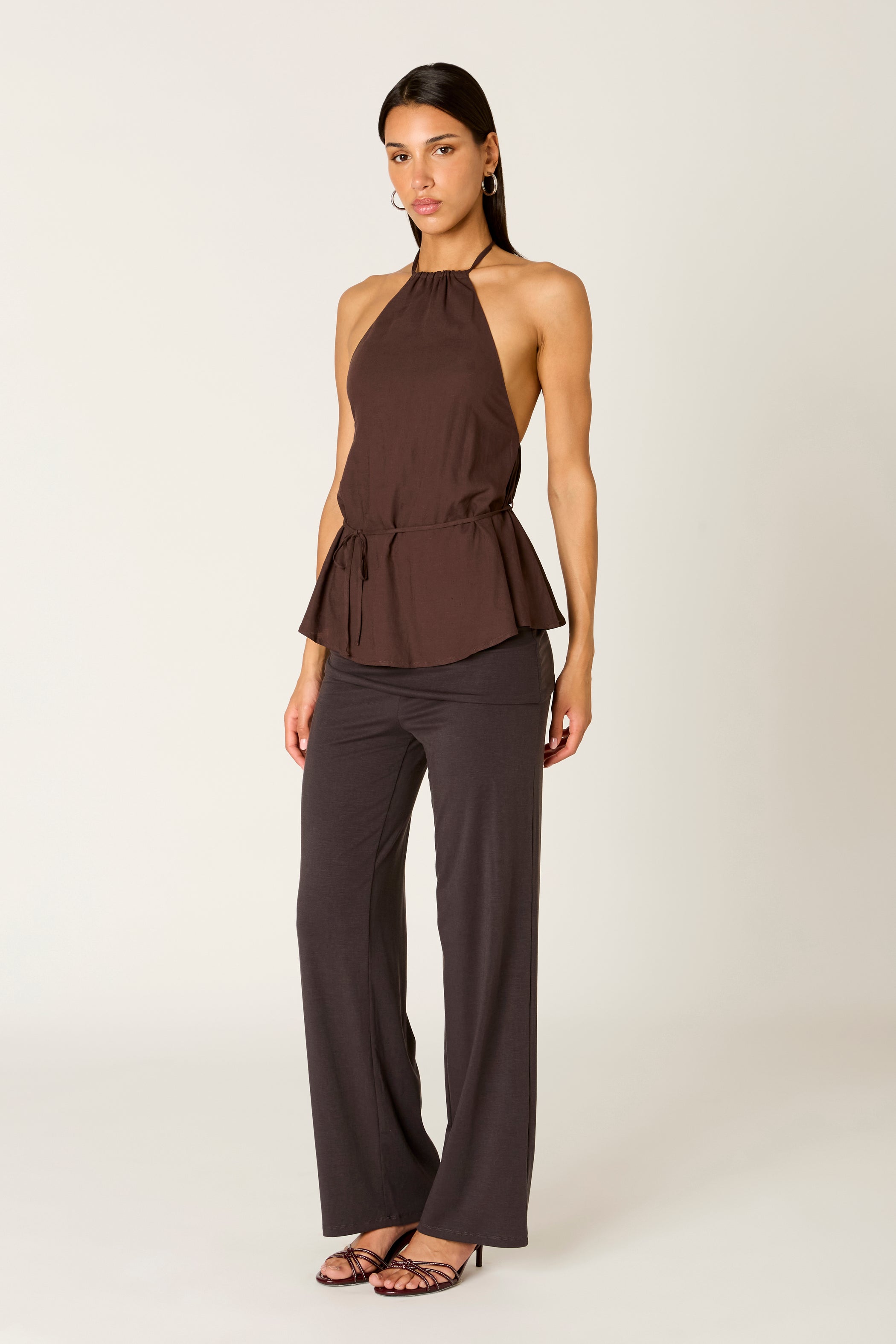 Brown Linen Blend Gathered Halter Top
