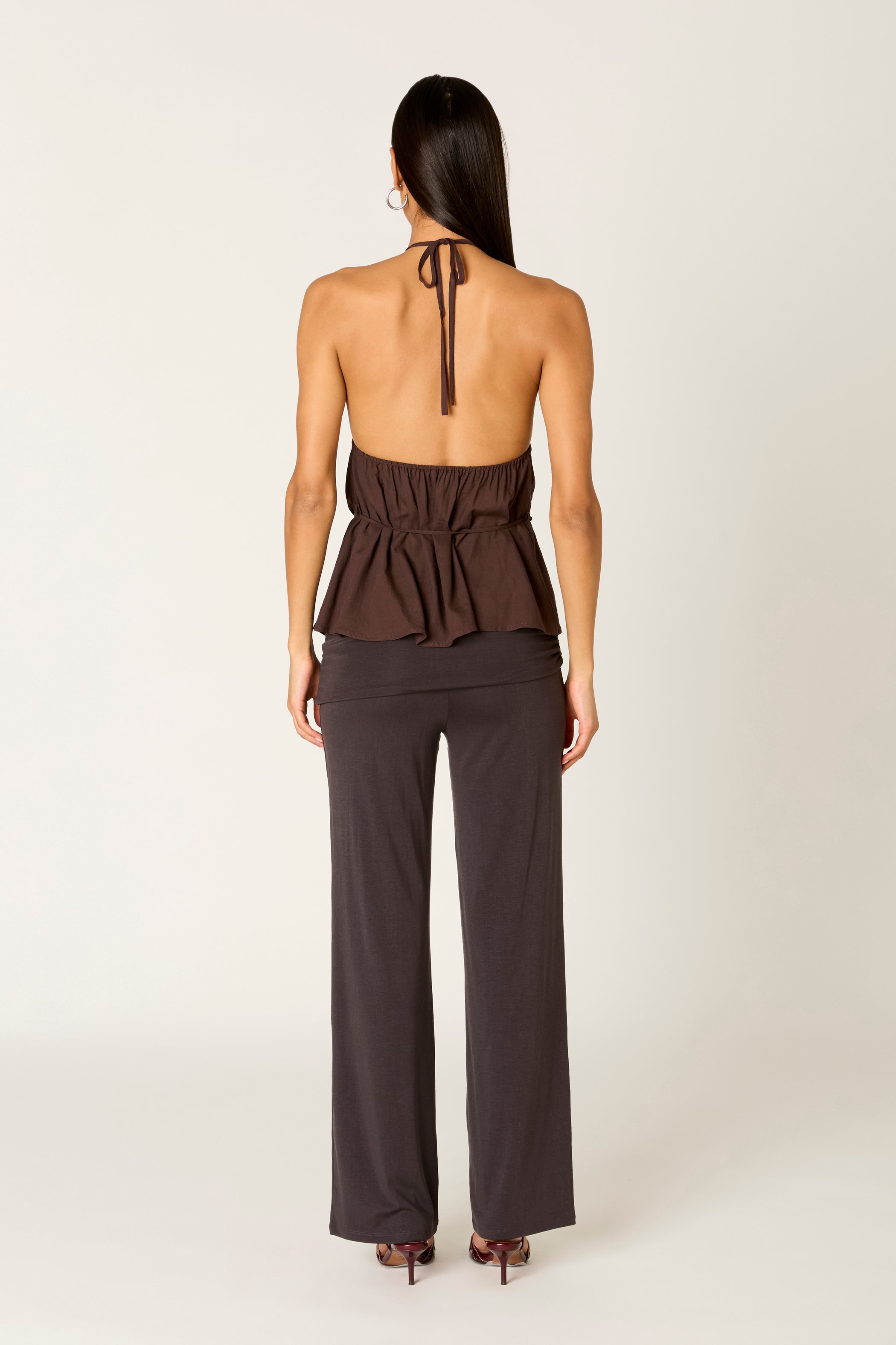 Brown Linen Blend Gathered Halter Top