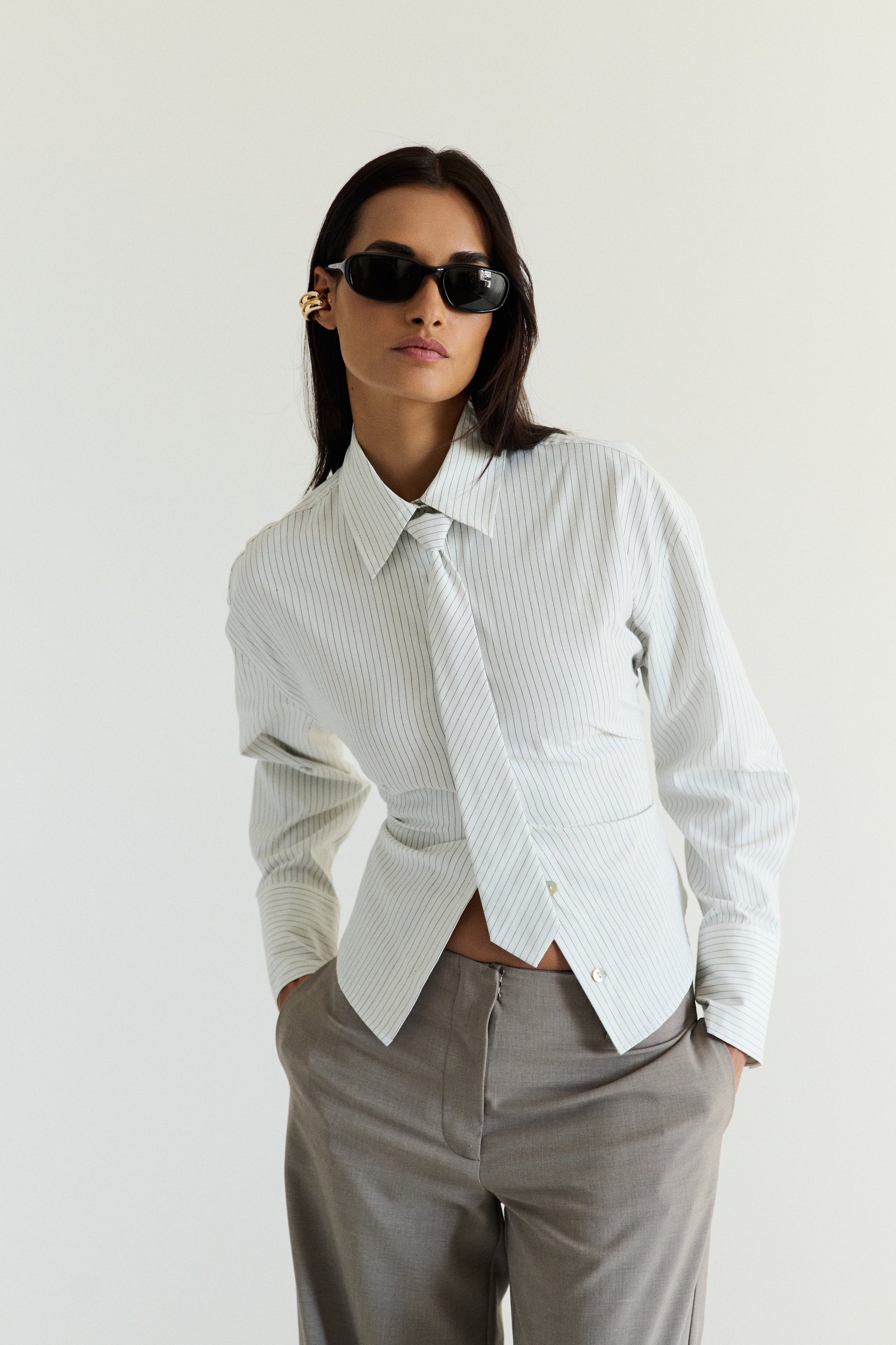 Lace Back Striped Button Up w/ Tie