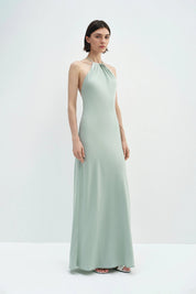 Sage Satin Halter Maxi Dress