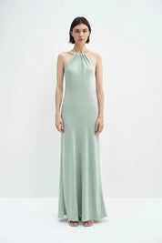 Sage Satin Halter Maxi Dress