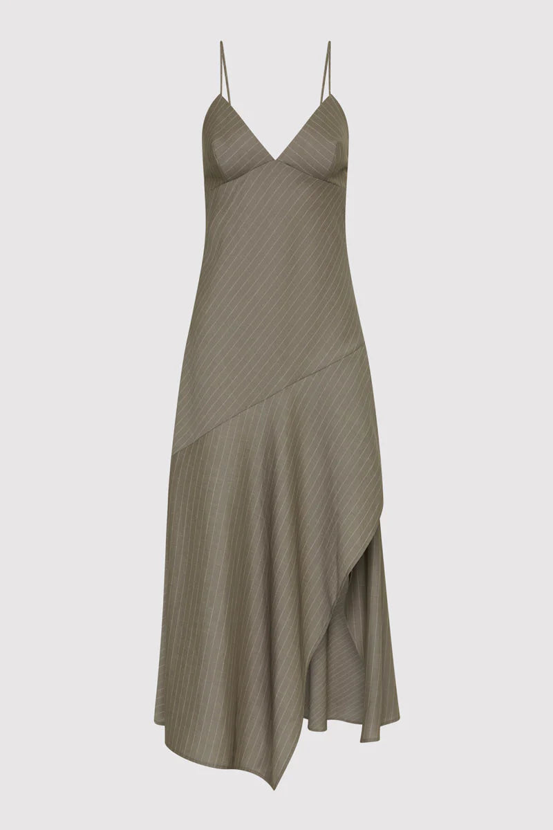 St. Agni Khaki Pinstripe Asymmetric Slip Dress