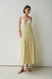 Rue Sophie Yellow Pintuck Pleated Midi Dress