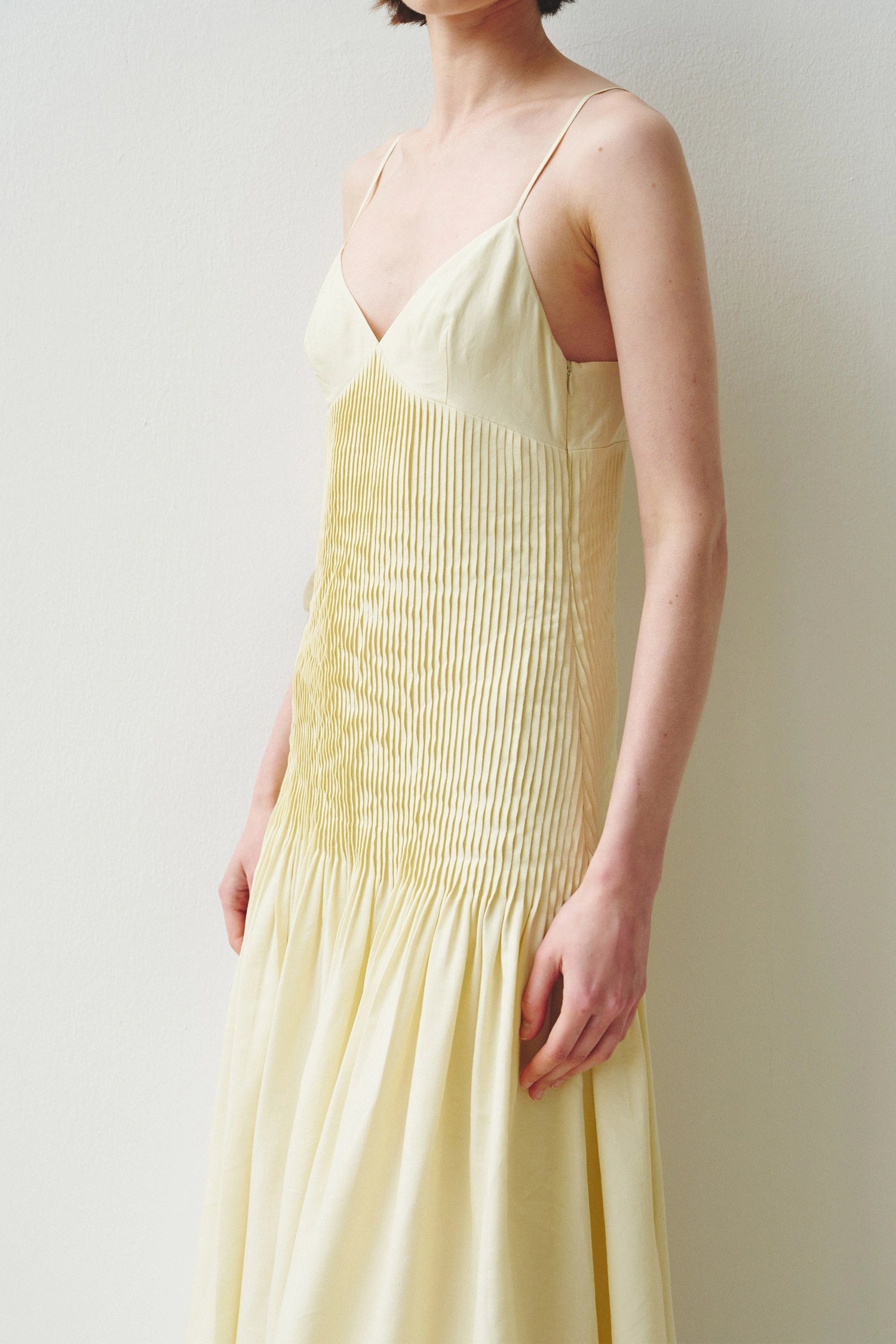 Rue Sophie Yellow Pintuck Pleated Midi Dress