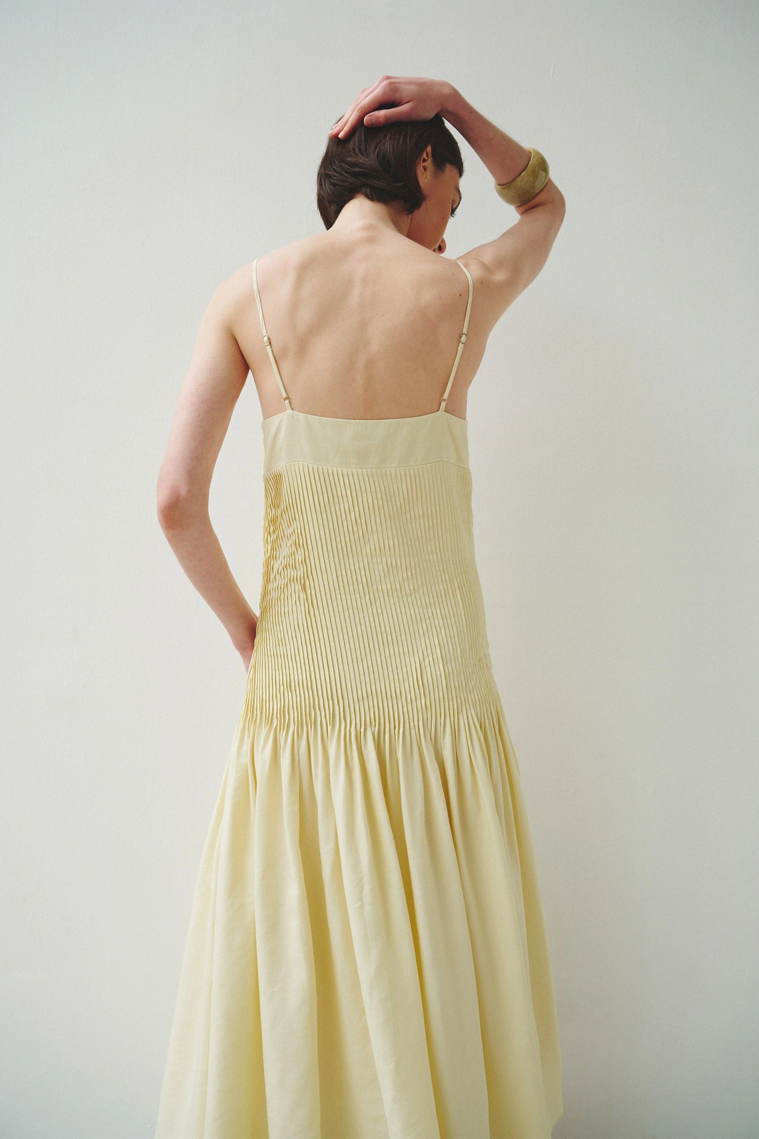 Rue Sophie Yellow Pintuck Pleated Midi Dress