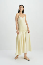 Rue Sophie Yellow Pintuck Pleated Midi Dress