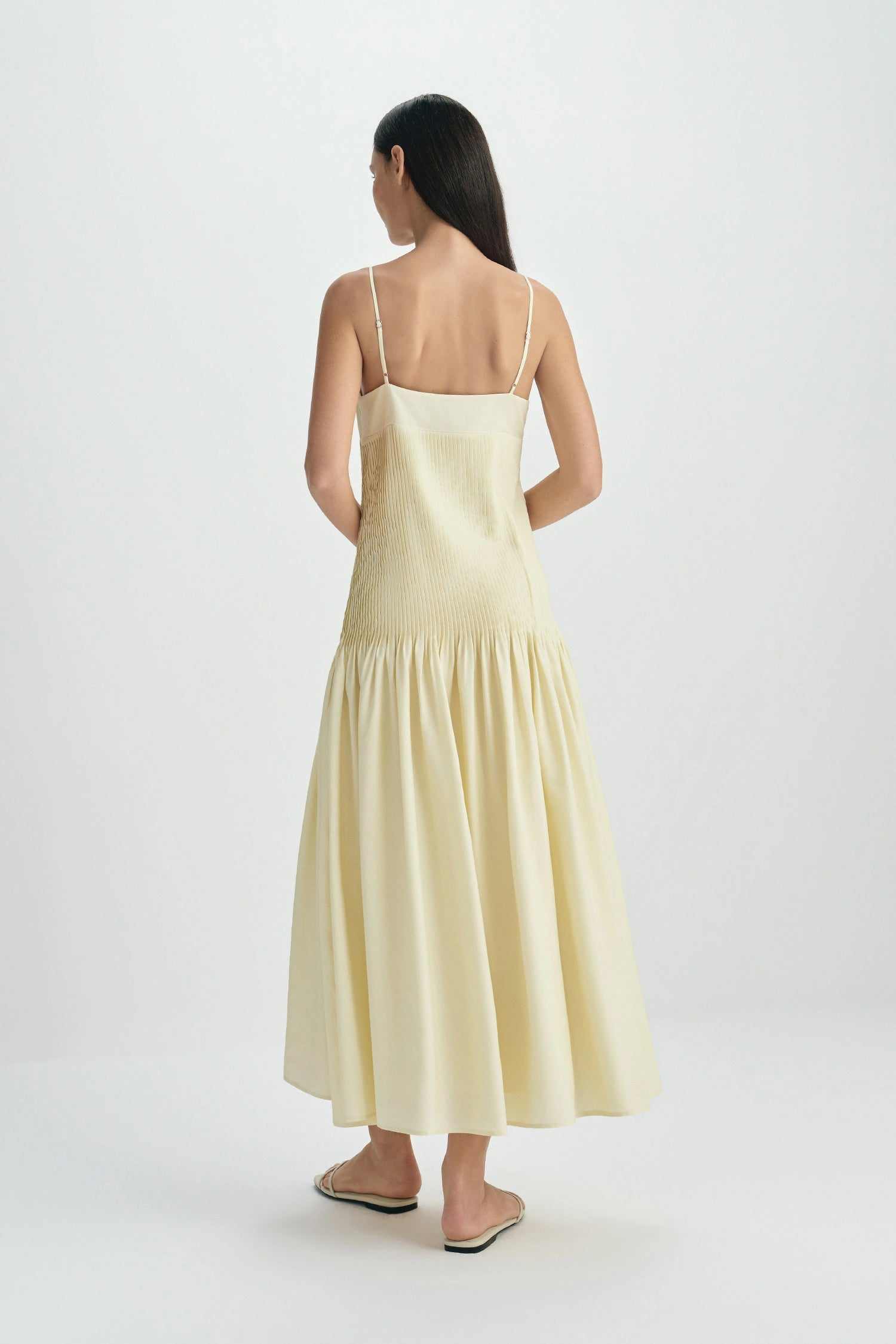 Rue Sophie Yellow Pintuck Pleated Midi Dress