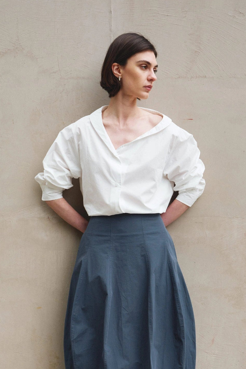 Rue Sophie Liora Asymmetric Neck White Button Up