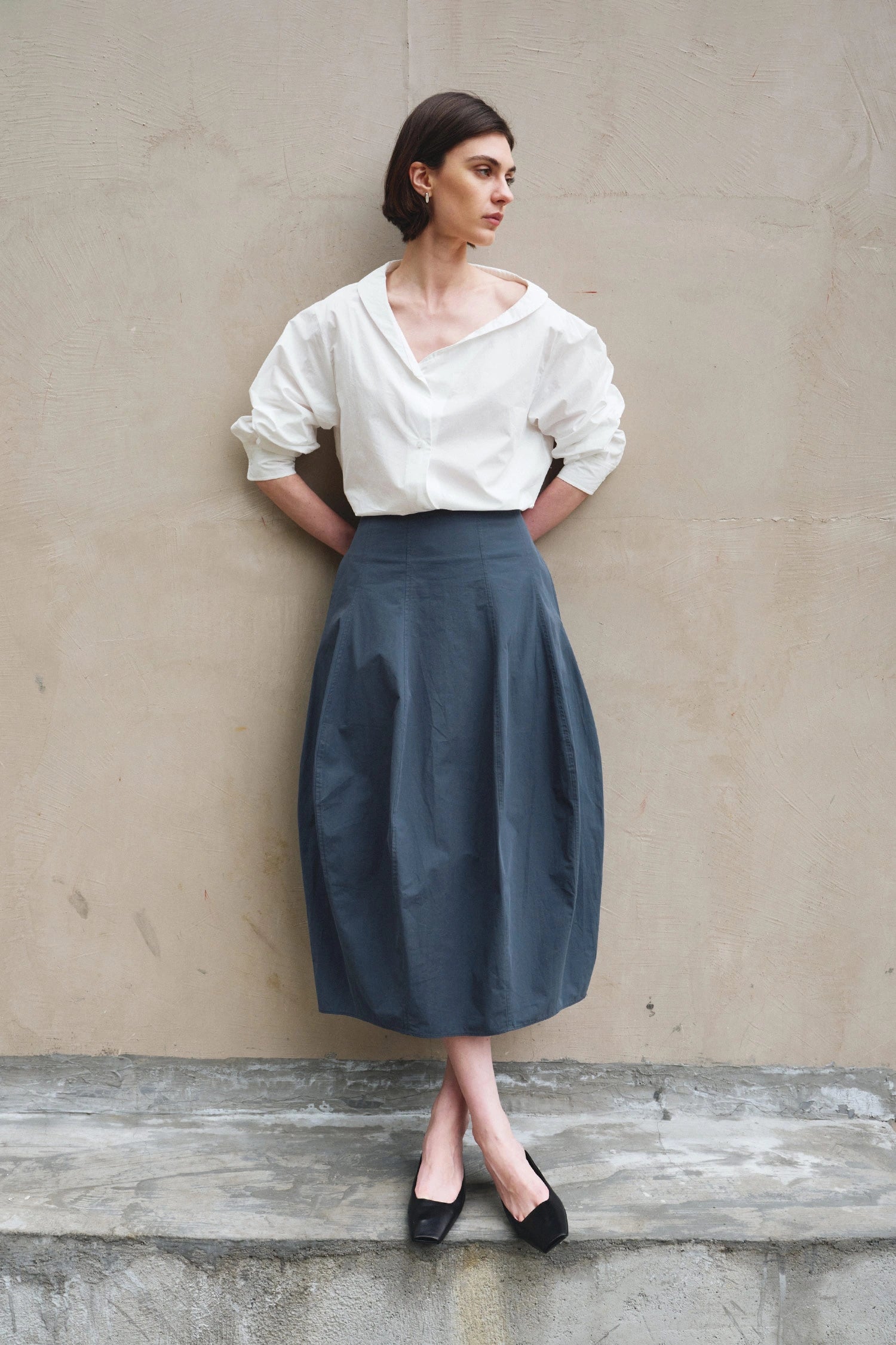 Rue Sophie Liora Asymmetric Neck White Button Up