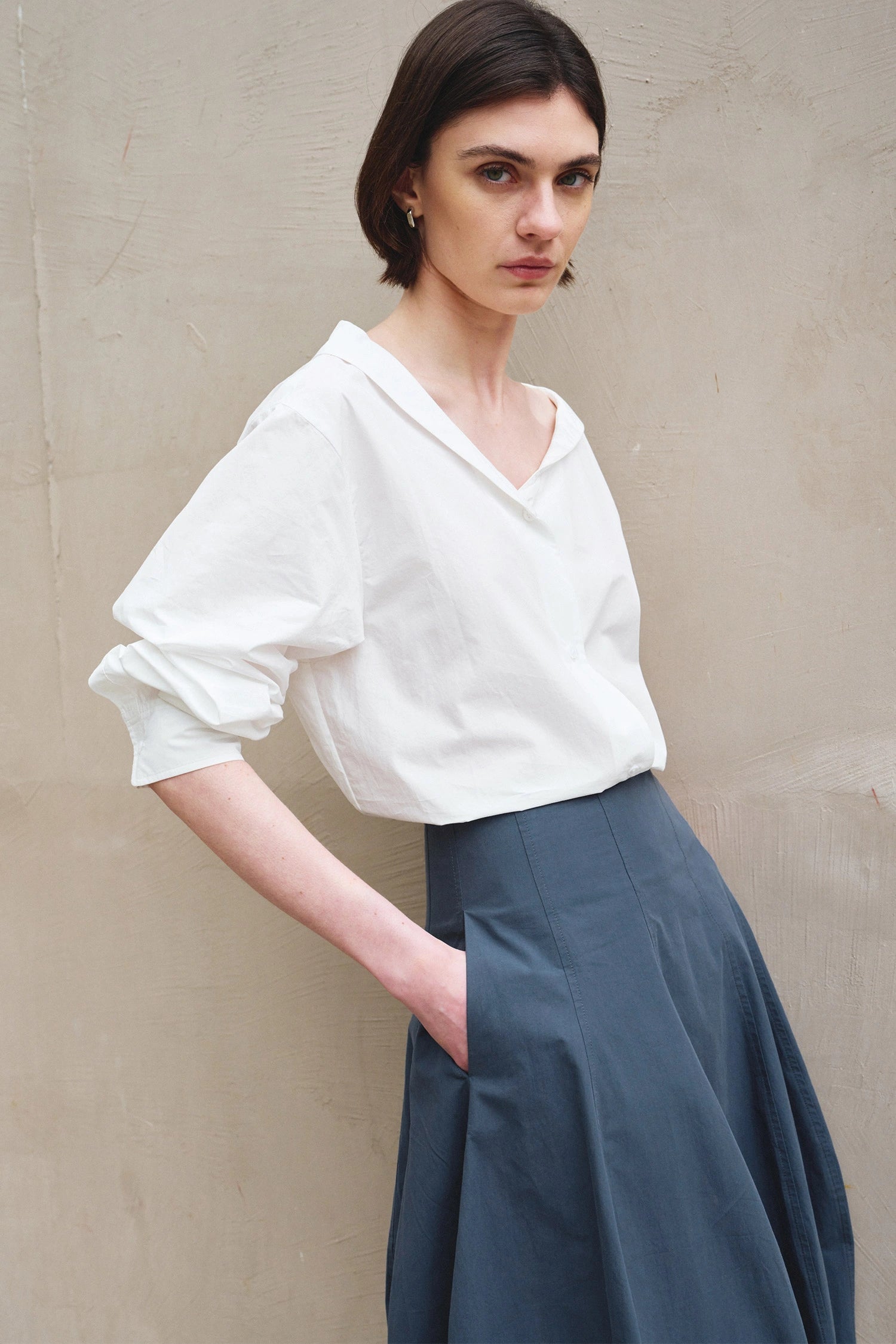 Rue Sophie Liora Asymmetric Neck White Button Up