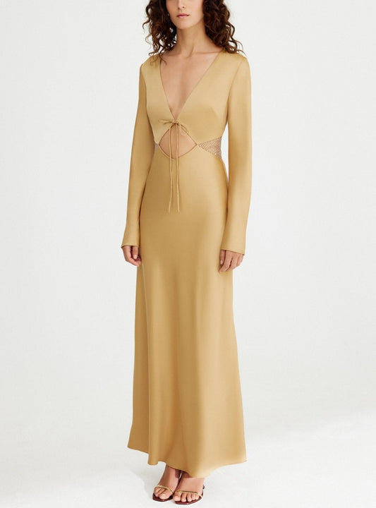 Gold Elodie Mesh Cutout Dress