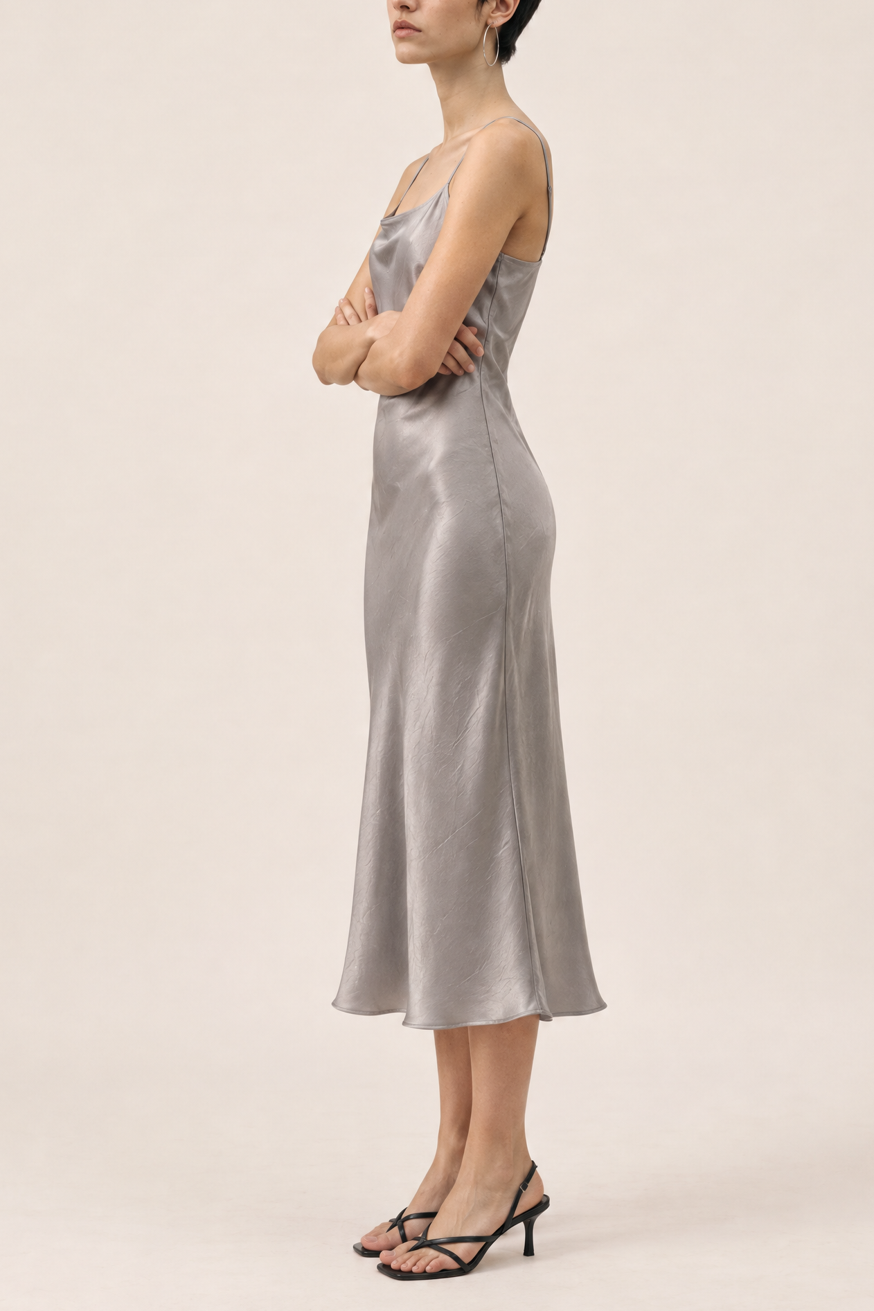 Slate Crinkle Satin Midi Dress