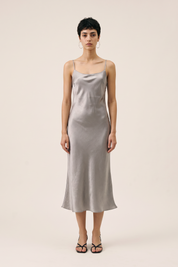 Slate Crinkle Satin Midi Dress