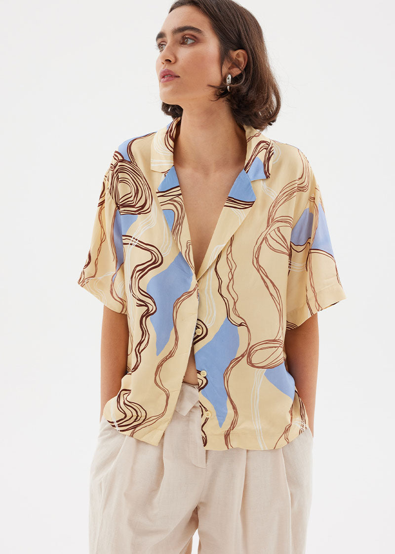 Yellow Abstract Print Expression Button-Up
