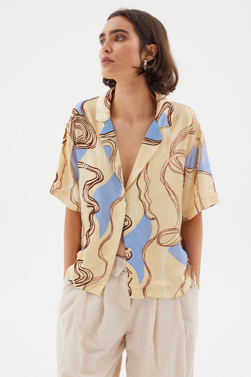 Yellow Abstract Print Expression Button-Up