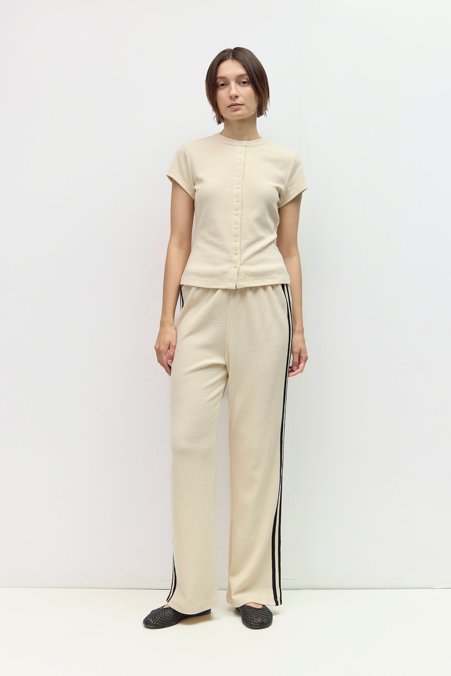Cream Waffle Button-Up Knit Top