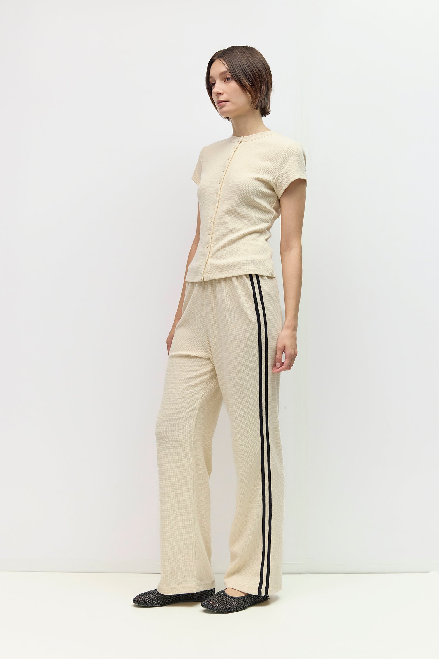 Cream Waffle Button-Up Knit Top