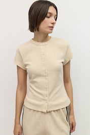 Cream Waffle Button-Up Knit Top