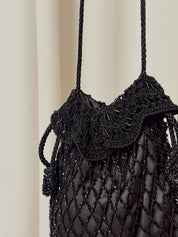 Vintage Black Crochet Beaded Drawstring Pouch