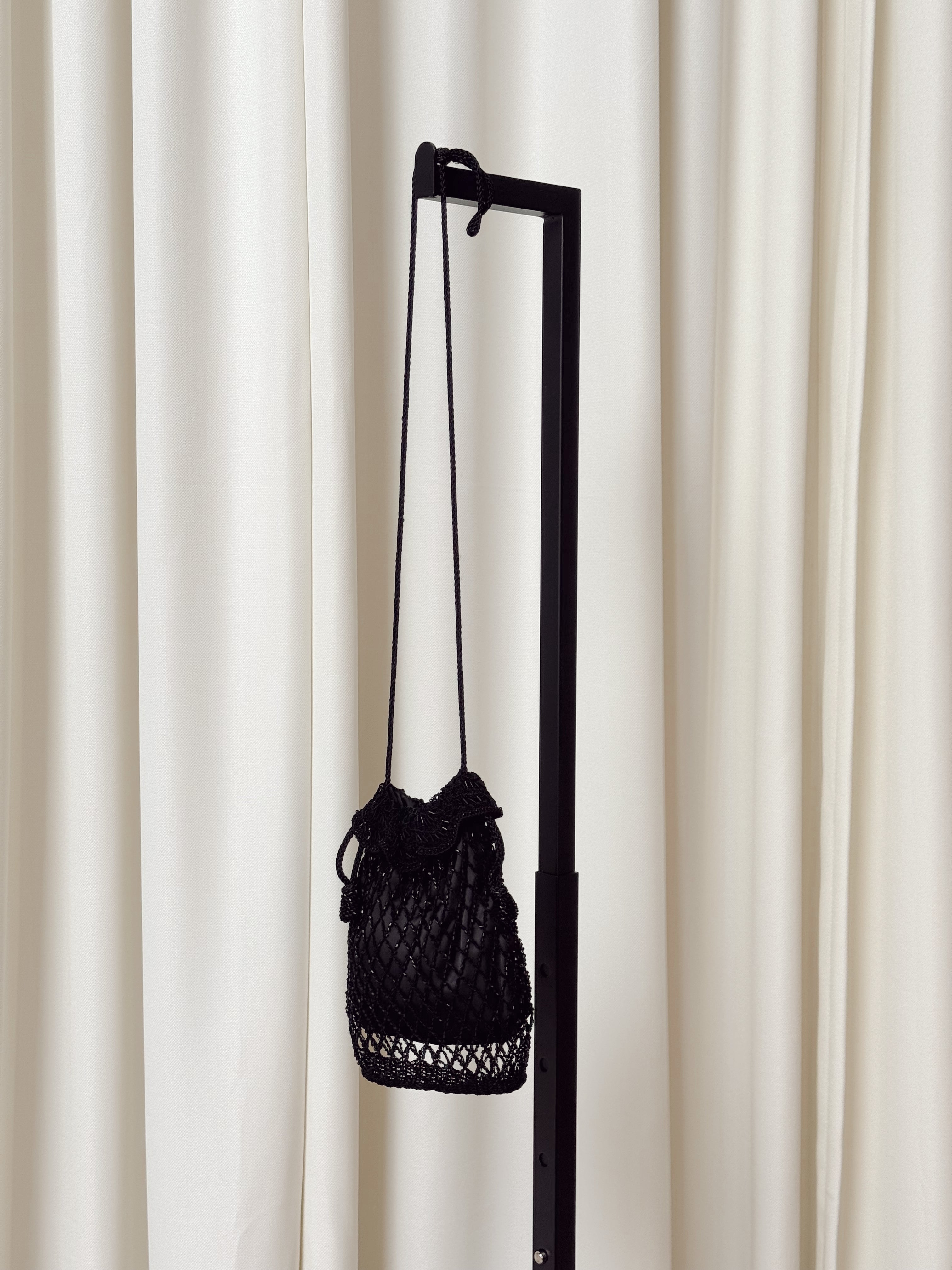 Vintage Black Crochet Beaded Drawstring Pouch