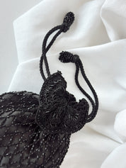 Vintage Black Crochet Beaded Drawstring Pouch