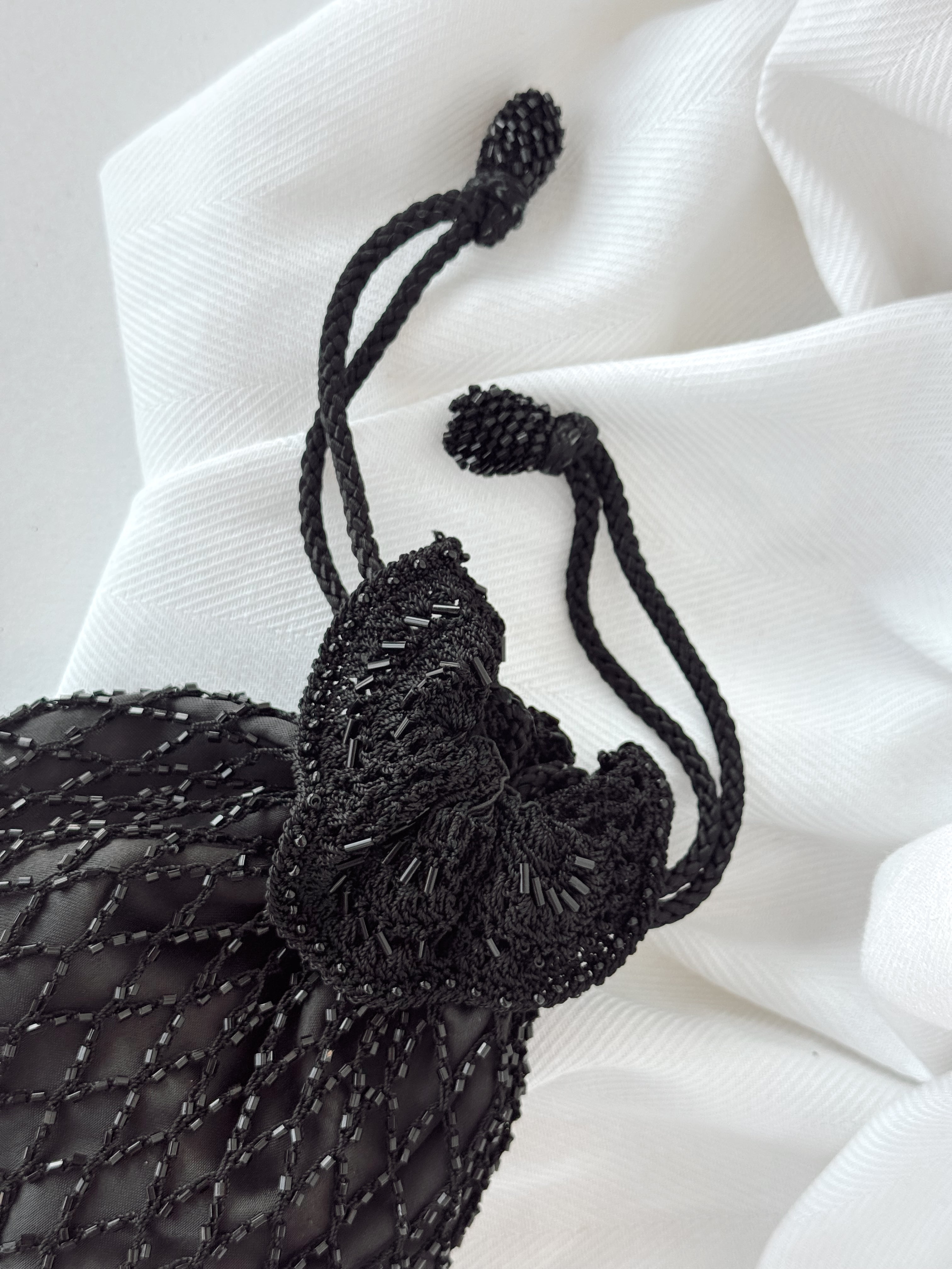 Vintage Black Crochet Beaded Drawstring Pouch