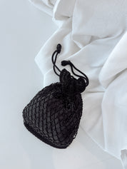 Vintage Black Crochet Beaded Drawstring Pouch
