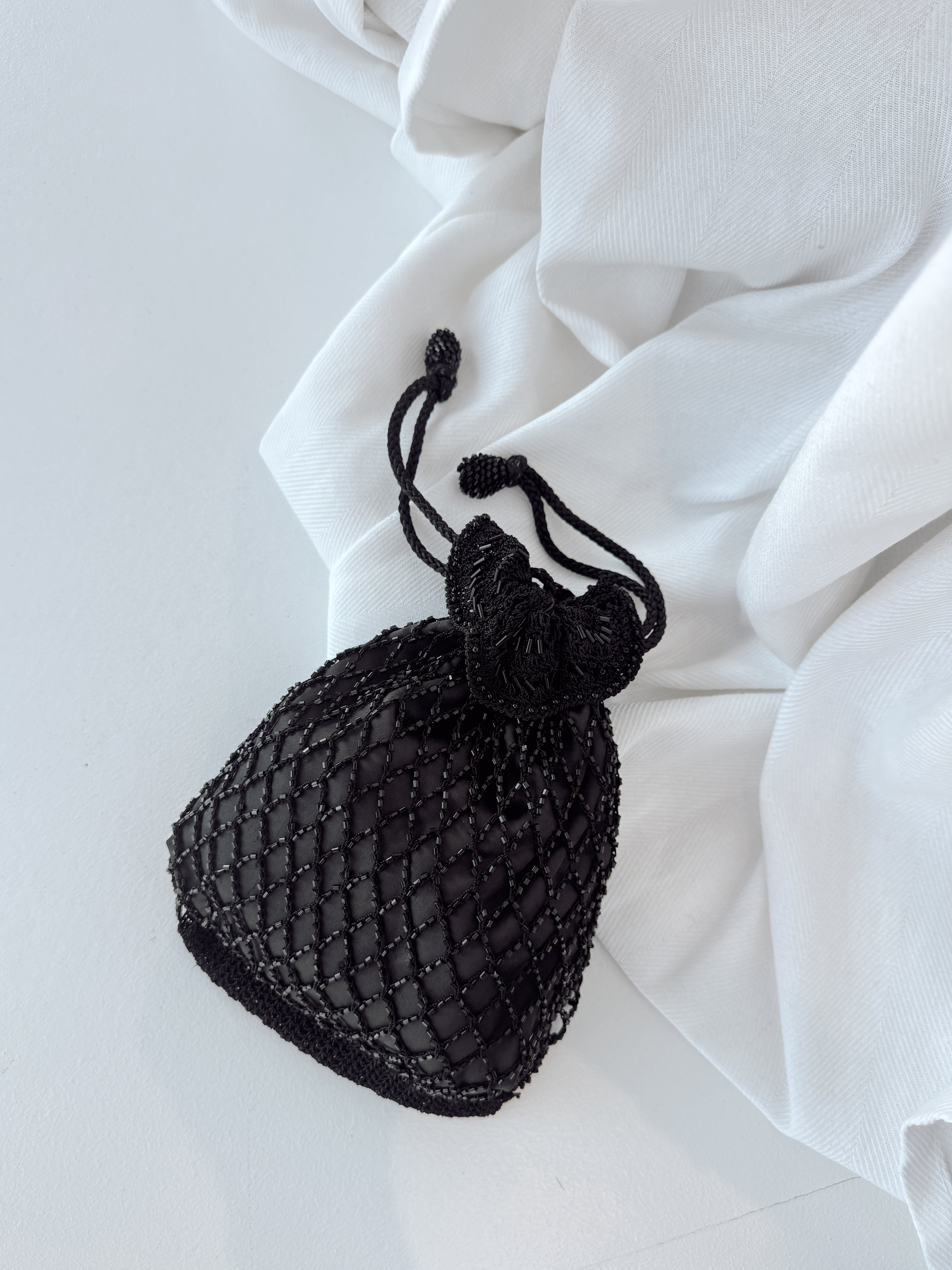 Vintage Black Crochet Beaded Drawstring Pouch