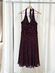 Vintage Brown Cream Polka Dot 100% Silk Chiffon Halter Midi Dress