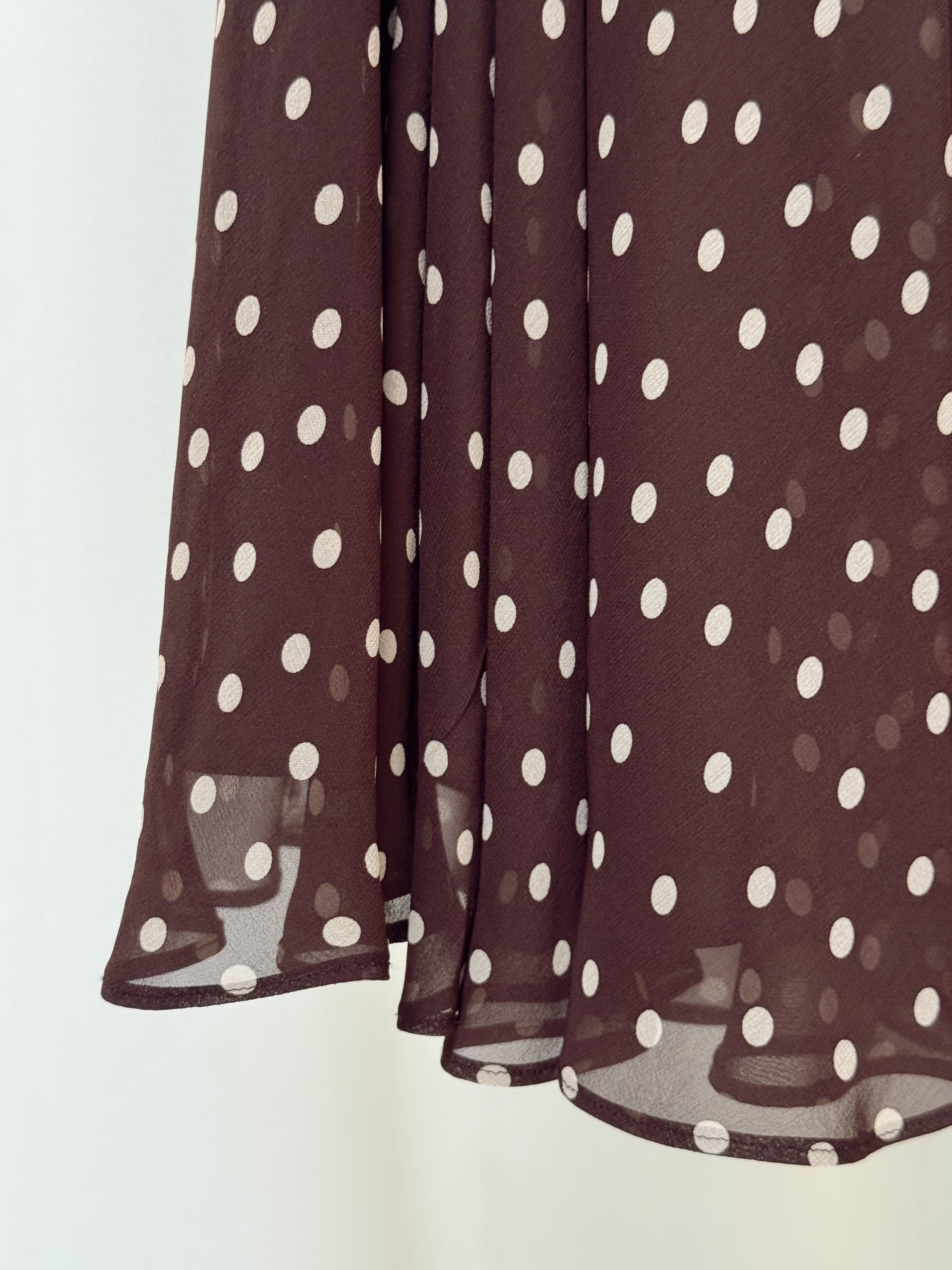 pink and brown polka dot dress Vintage Brown Cream Polka Dot 100% Silk Chiffon Halter Midi Dress
