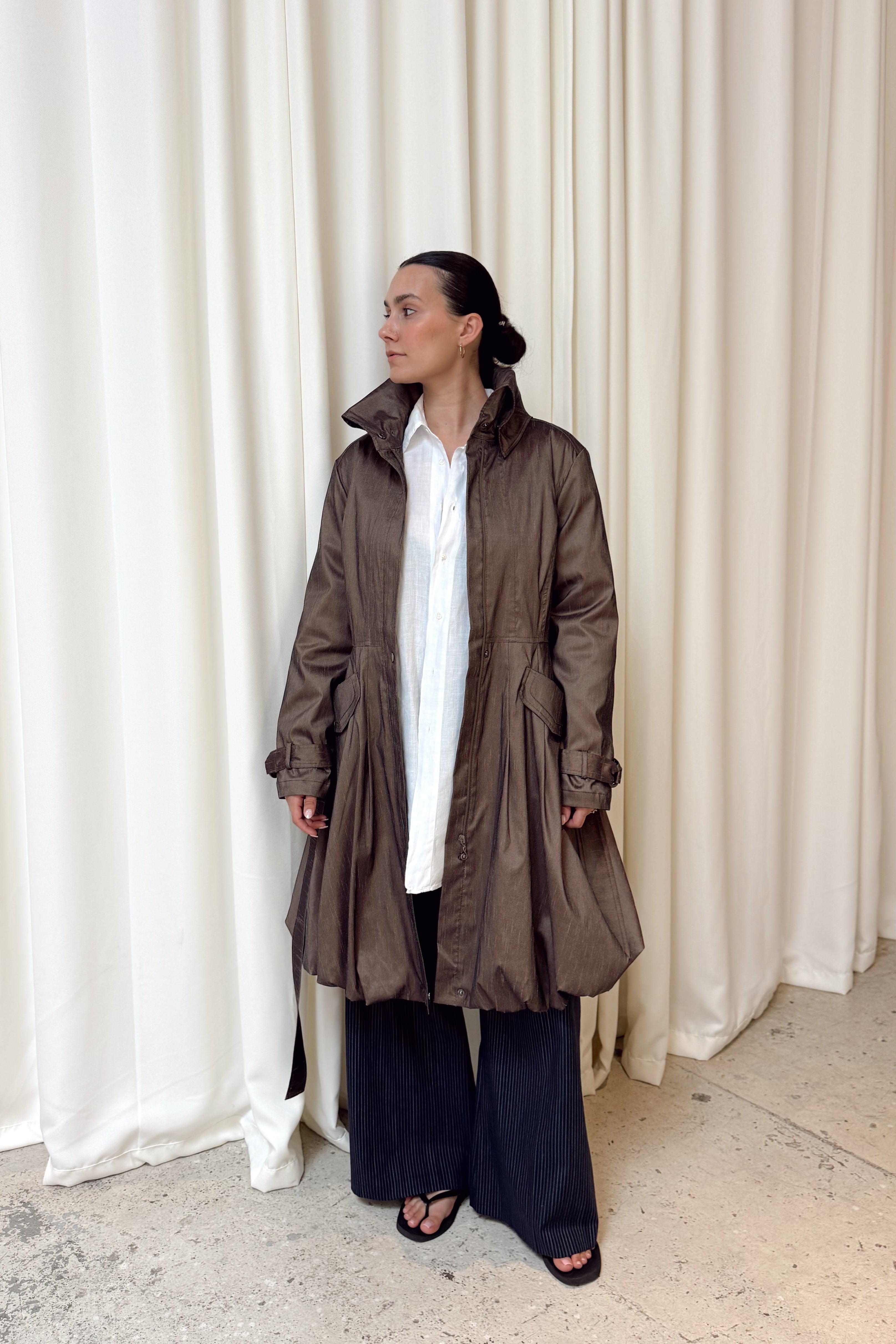 Vintage Brown Funnel Neck Bubble Hem Jacket