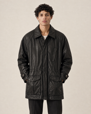 Vintage Bill Blass Mens Black Leather Coat w/ Shearling Collar