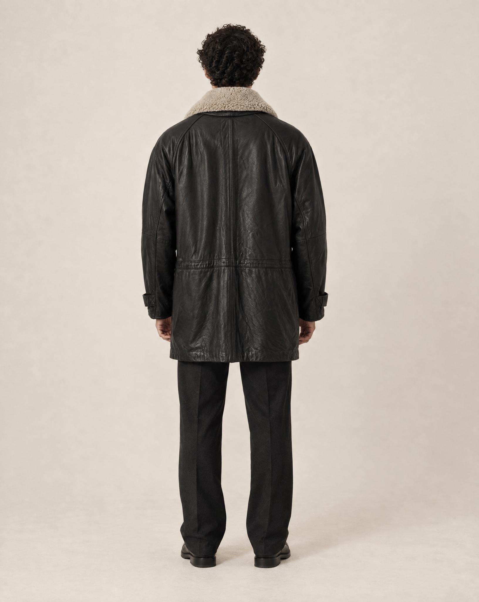 Vintage Bill Blass Mens Black Leather Coat w/ Shearling Collar