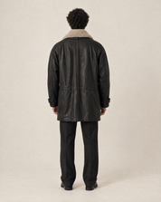 Vintage Bill Blass Mens Black Leather Coat w/ Shearling Collar