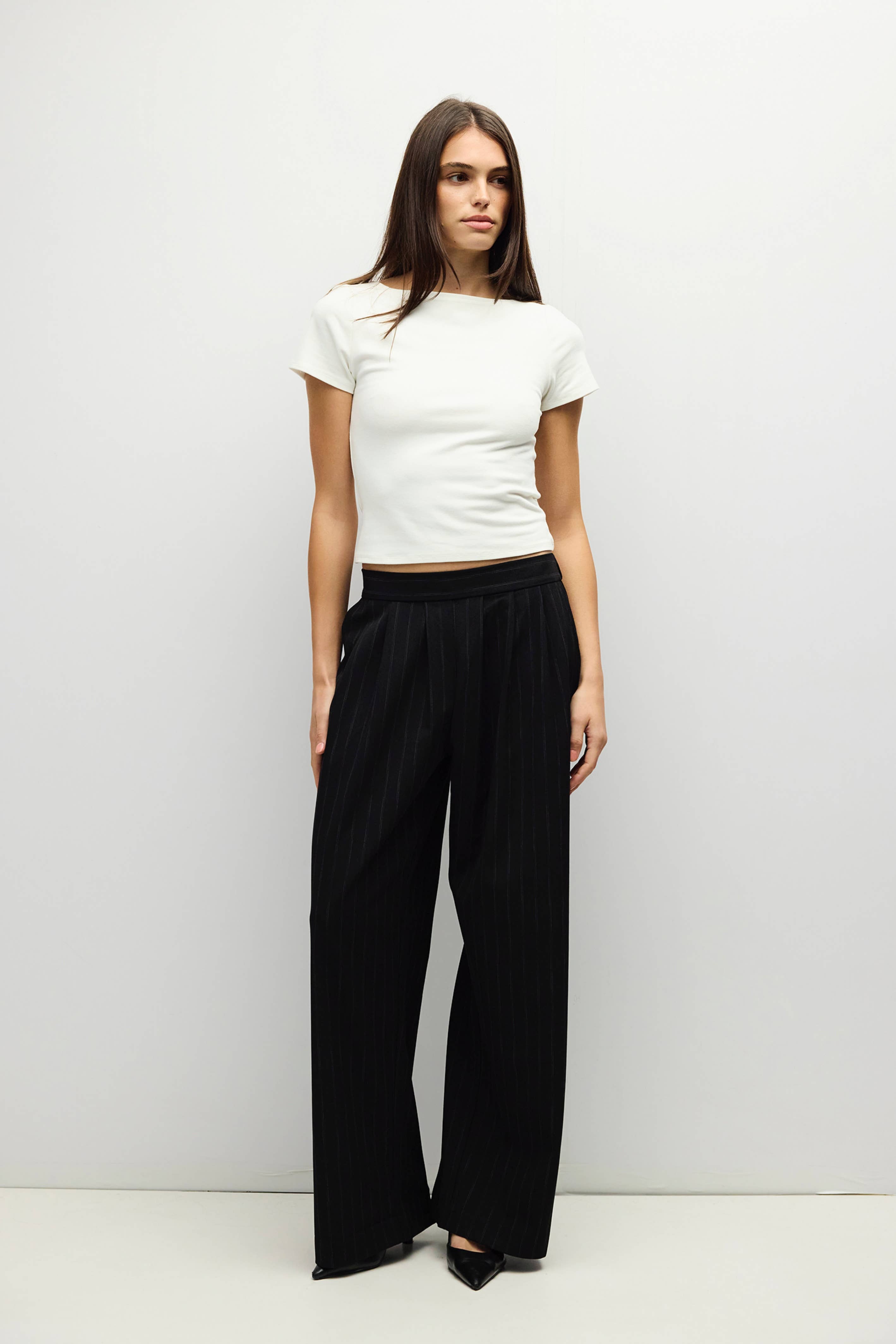 Black Pinstripe Pleated Maren Pants