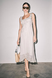 Sage & Cream Stripe Chiffon Bias-Cut Midi Dress