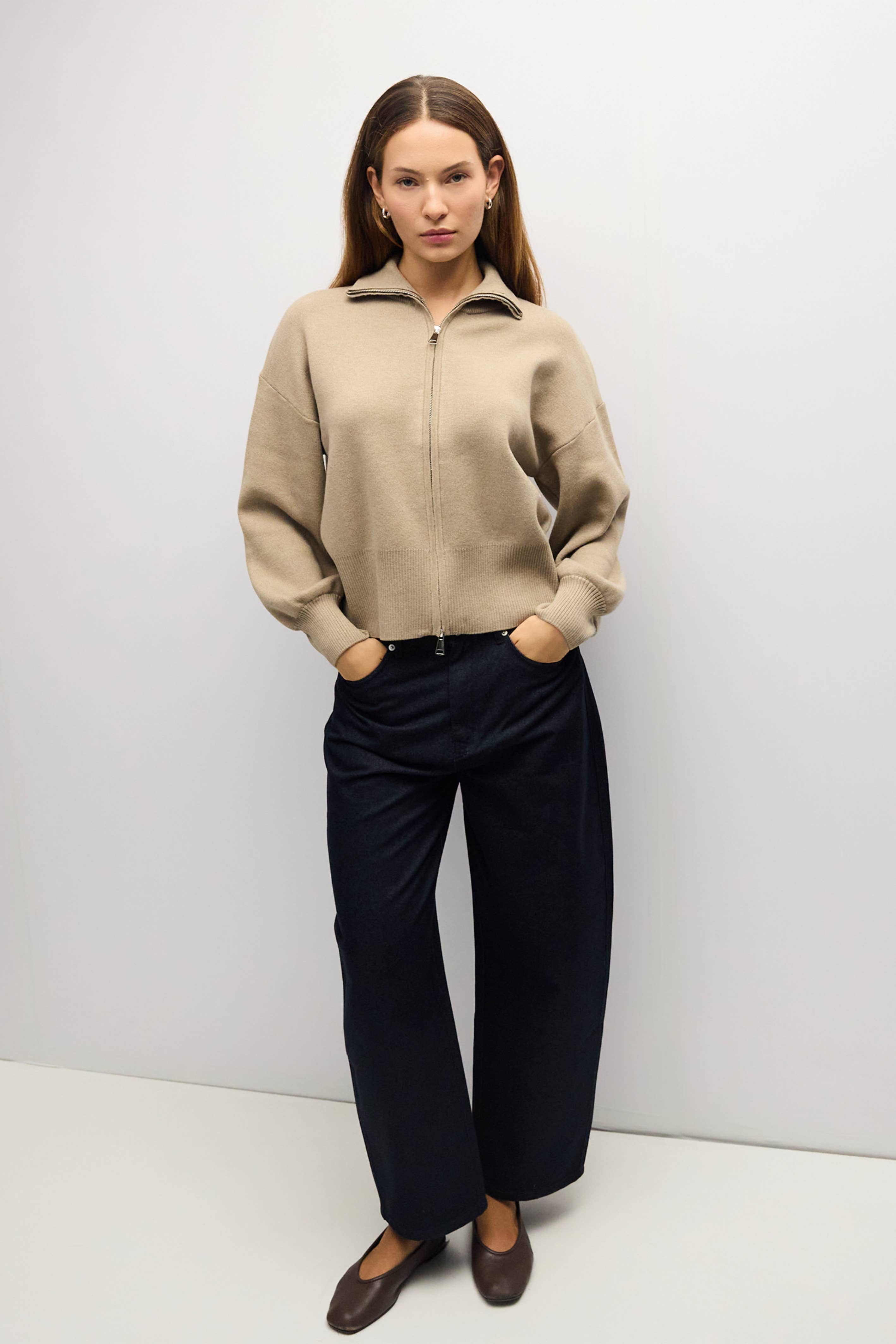 Khaki Zip Up Turtleneck Sweater