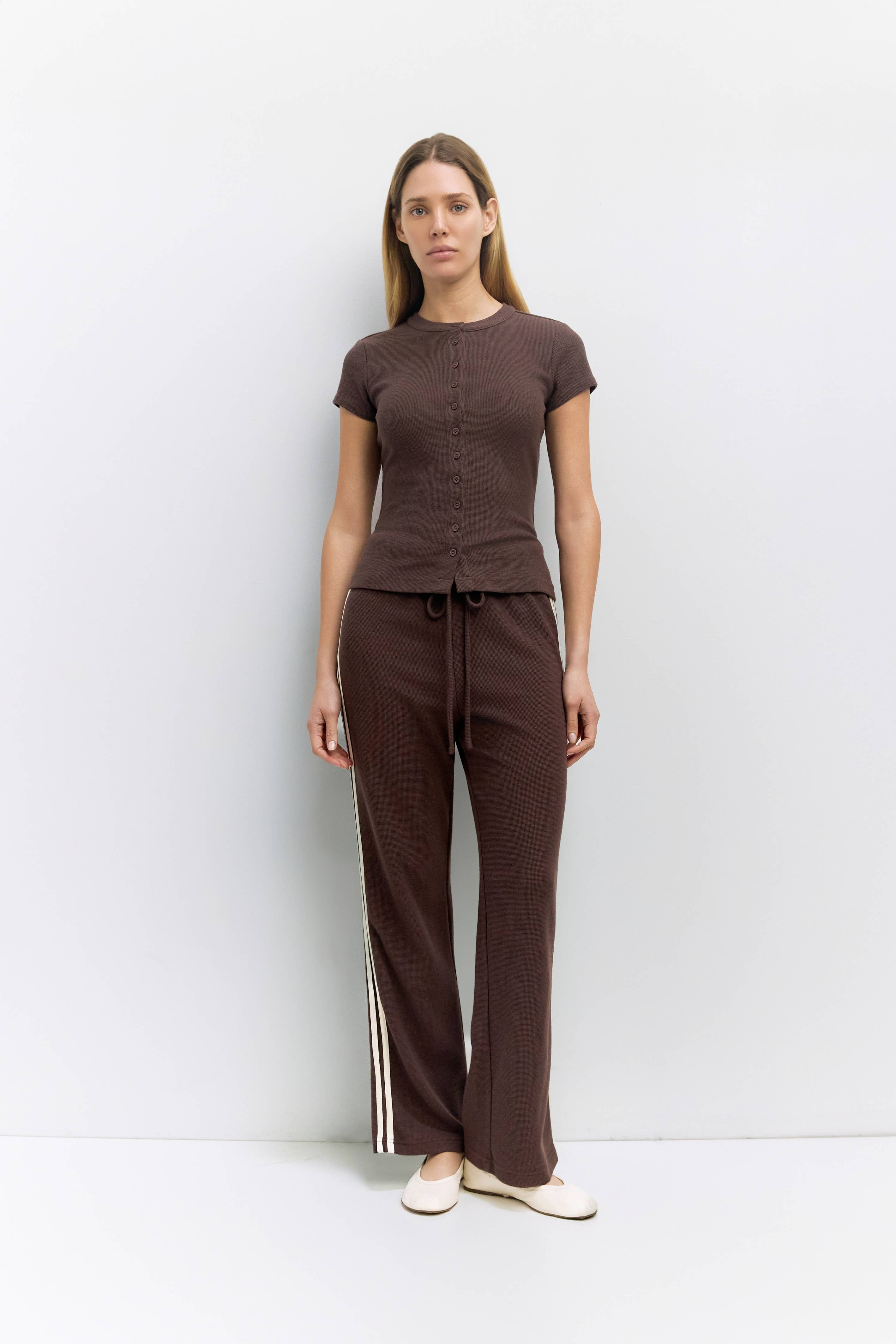 Brown Waffle Button-Up Knit Top