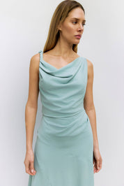 Teal Asymmetrical Cowl Neck Dress