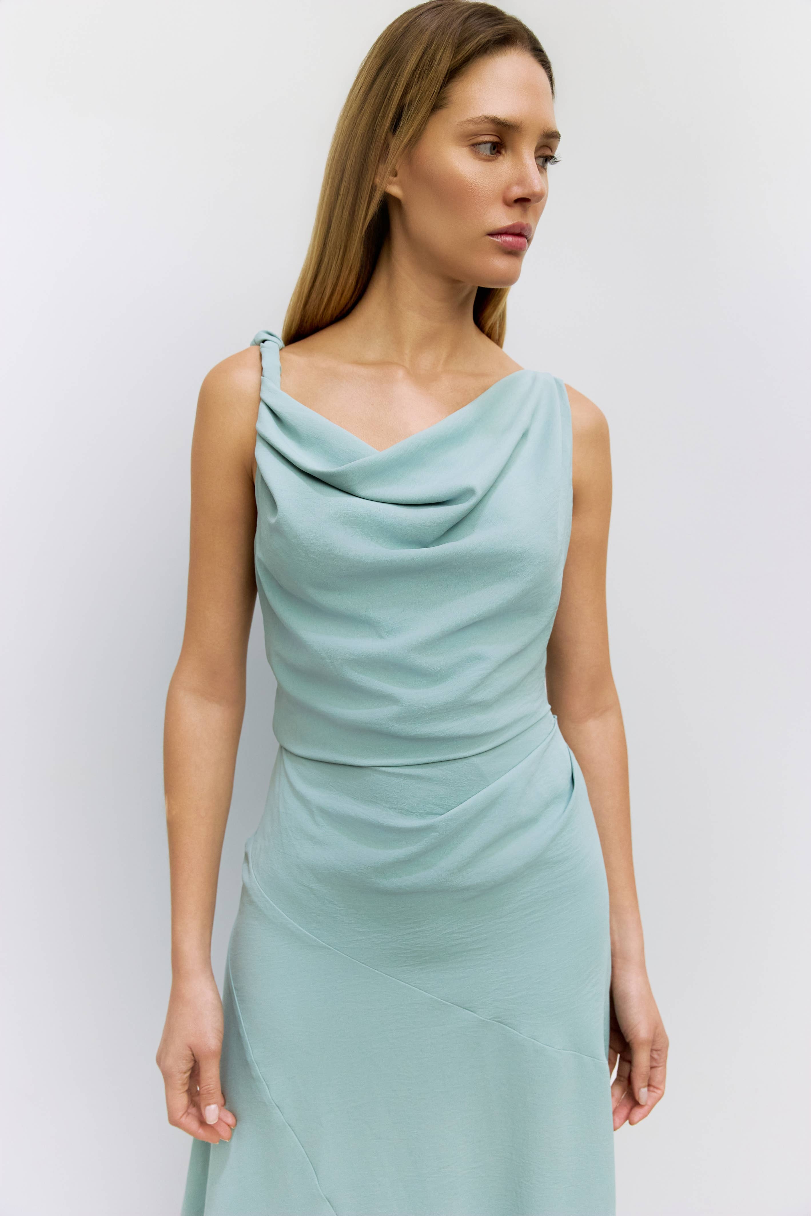Teal Asymmetrical Cowl Neck Dress