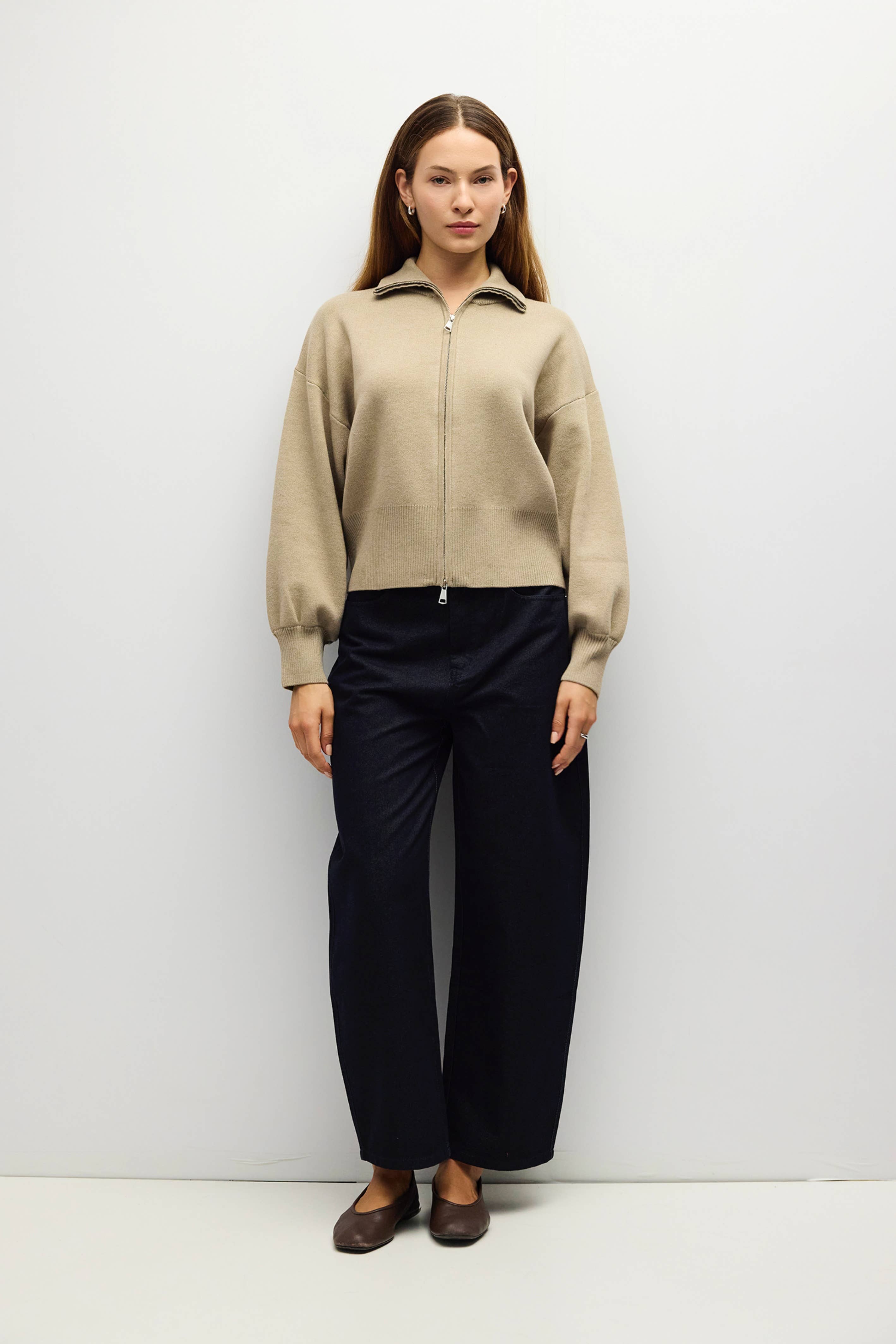 Khaki Zip Up Turtleneck Sweater
