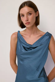Deep Blue Cowl Neck Crushed Satin Midi Dress